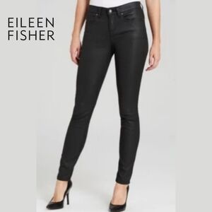 Sz 6 Eileen Fisher Black Coated Waxed Organic Cotton Denim Skinny Jeans Pants